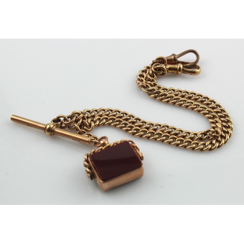 810 - 9ct Gold pocket watch chain, T bar & swivel stone fob, gold weight 26.5g approx.