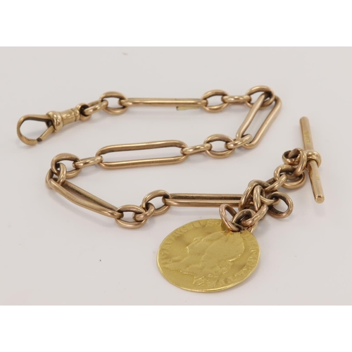 816 - 9ct yellow gold watch chain figaro style link, with swivel clasp and T Bar, and George II guinea, le... 