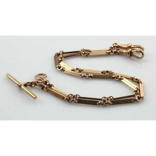 819 - 9ct gold double albert watch chain, complete with T-bar and one dog clip either end, length 15