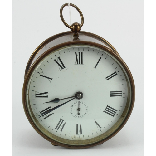 822 - Brass alarm clock, Arabic numerals to dial, diameter 13.5cm, depth 7.5cm approx.