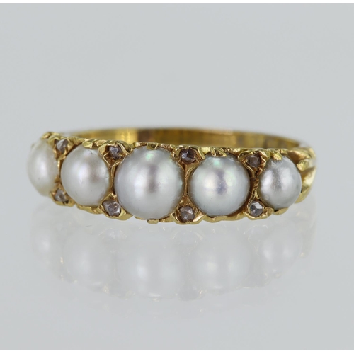 85 - 18ct yellow gold Victorian pearl and diamond ring, five graduating split pearls, principal pearl mea... 