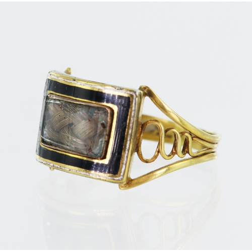 90 - Yellow metal Georgian mourning ring, front panel enclosed with hairwork, black enamelled bezel, engr... 