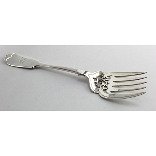 964 - Large Victorian silver fiddle pattern serving five prong fork hallmarked GDDF London, 1899.  Weighs ... 