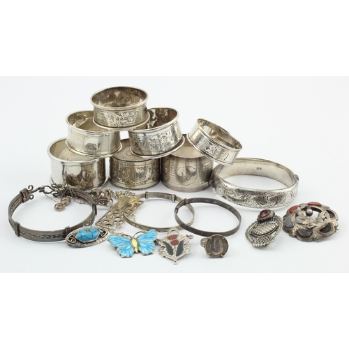 967 - Mixed Silver. A group of various silver items, including jewellery, napkin rings etc., weight 7oz. a... 