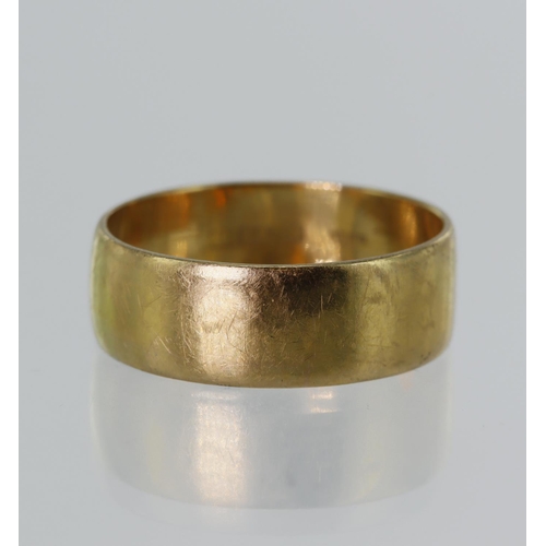 97 - 22ct yellow gold ring, plain D-shaped 6mm wide band, finger size O/P, weight 4.7g.