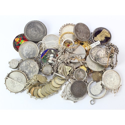 549 - Collection of coin brooches, pendants and bracelets. Includes enamelled types, Victorian Crowns etc.