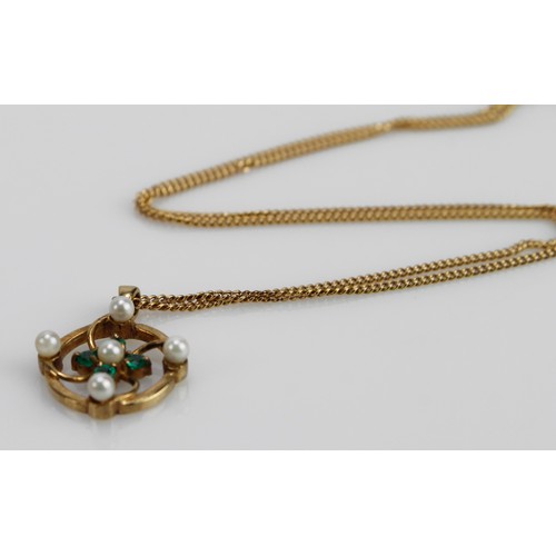 635 - 9ct gold emerald and pearl necklace, pendant set with four round emeralds and five approx. 2mm cultu... 