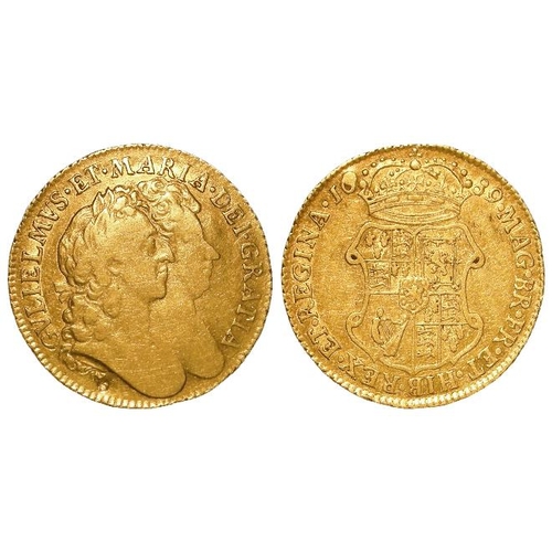 11 - Guinea 1689 later harp, S.3426, nVF, a small punch mark below bust has impacted the 6 of date on rev... 