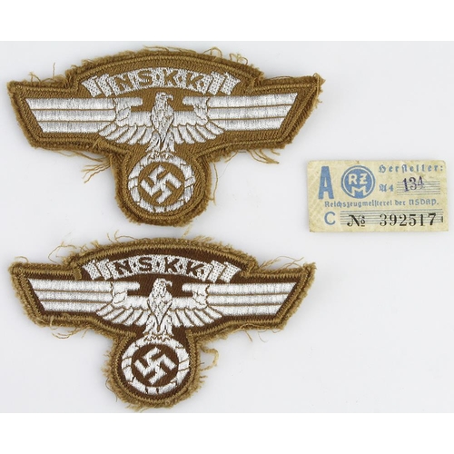 1121 - German 3rd Reich N.S.K.K. bullion sleeve badge - both with original RZM labels, one loose.  (2)