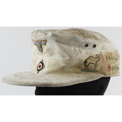 1145 - German Afrika Korps forage cap, sun faded, with added decoration by a bored soldier, inc palm tree, ... 