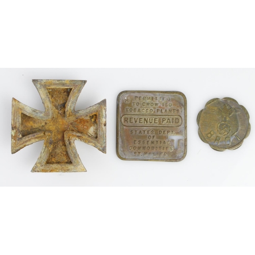 1158 - German Channel Islands token, St Helier, a Brot token and a 1st class Iron Cross dug up example.