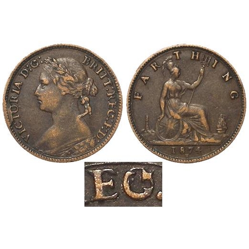 119 - Farthing 1874H, both Gs over sideways Gs obv., an unusual and clear variety, S.3959, nVF, die flaw 8... 