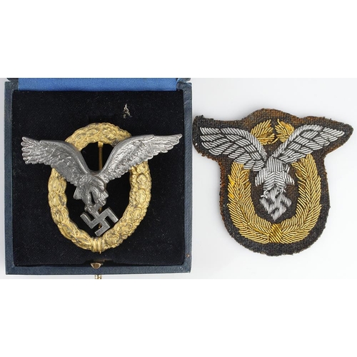 1214 - German Luftwaffe Combined Pilot Observer badge in fitted case plus matching bullion version.