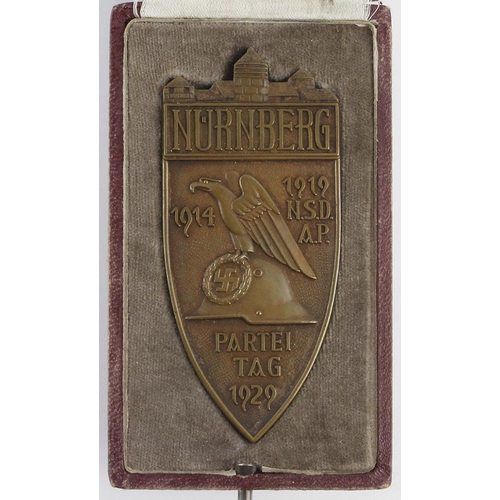 1234 - German NSDAP Nurnberg Partei Tag 1929 cased plaque, maker marked 'F.Hoffstatter Bonn 800'. Excellent... 