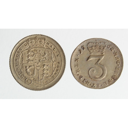 128 - George III silver (2): Sixpence 1816 toned EF, and Maundy Threepence 1762 toned GVF