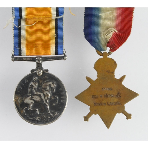 1434 - 1915 Star and BWM to 13966 Pte W Richmond Yorks & Lancs Regt. Served with the 8th Bn. Shot through t... 