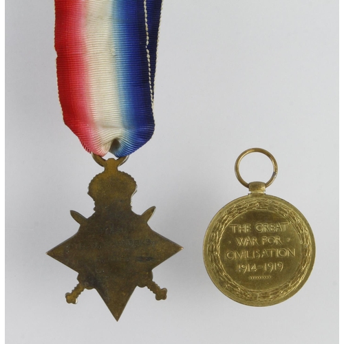 1436 - 1915 Star and Victory Medal to 21489 Pte J B Brooks G.Gds. Born Bury, Lancs. Wounded in Action GSW t... 