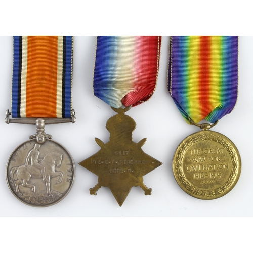 1444 - 1915 Star Trio to (6817 Pte E F Birchmore Bord. R.)  Served with 2nd Bn.  (3)