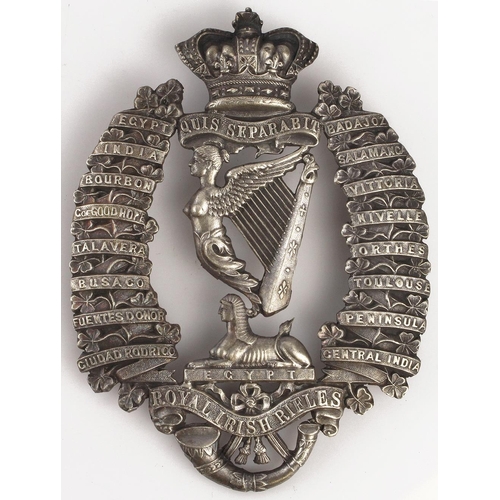 1467 - Badge Royal Irish Rifes impressive, Victorian, battle honours to Central India, tests silver, 3 loop... 