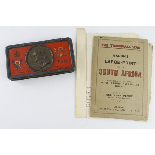 1508 - Boer War South Africa 1900 chocolate gift tin with various Boer war ephemera.