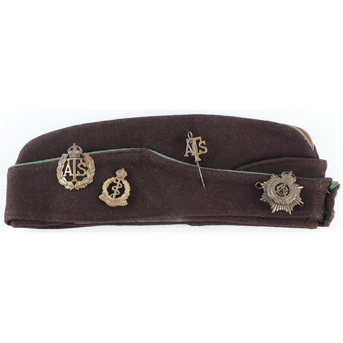 1527 - British WW2 ATS side cap, with various badges, and the owners name inside 'W/306857 P. Atherall'.