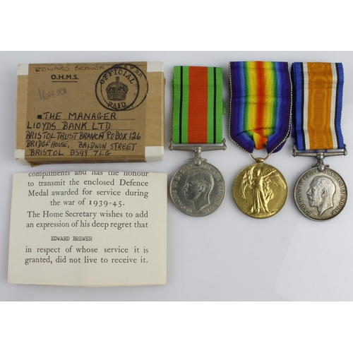 1549 - BWM & Victory Medal to 42997 Pte Edward Brewer Dorset Regt. With a Boxed Defence Medal and named hom... 