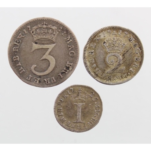 157 - Maundy Oddments (3) George I: 3d 1727 slightly bent aVF, 2d 1717 slightly mis-struck nEF, and 1d 172... 