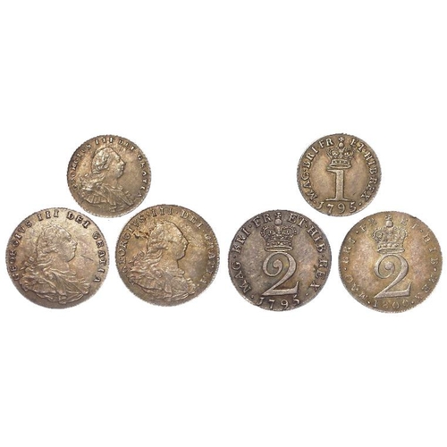 158 - Maundy Oddments (3) George III older head, normal numerals: 2d 1795 lightly toned aEF, 2d 1800 iride... 