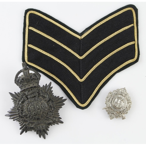 1580 - Edwardian London Rifle Brigade other ranks shako badge, WW1 cap badge and dress chevron.