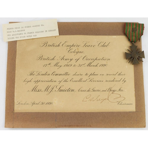 1594 - French Croix de Guerre 1914-1916 with Bronze Star to ribbon, and British Empire Leave Club Certifica... 