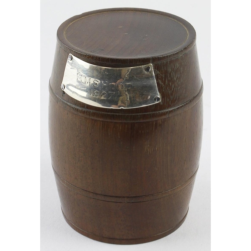 1629 - HMS HOOD, 1927 wooden souvenir tobacco? barrel container prob. made from oak? from the ship (the shi... 