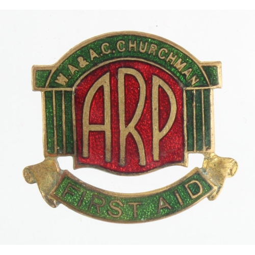 1638 - Ipswich interest - W.A & A C Churchman First Aid ARP, enamelled pin badge, maker marked to reverse. ... 