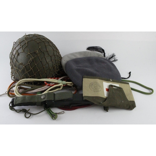 1640 - Israeli Paratroopers 1980's Helmet & Berets x2, assorted lanyards and combat knife.