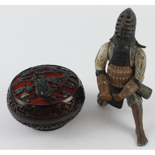 1650 - Japanese EDO era metal hinged limb samurai figure and Cloisonne dish.