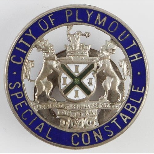 1712 - Police, WW2 silver plated City of Plymouth Special Constable badge, crescent lapel fitting, Maker - ... 