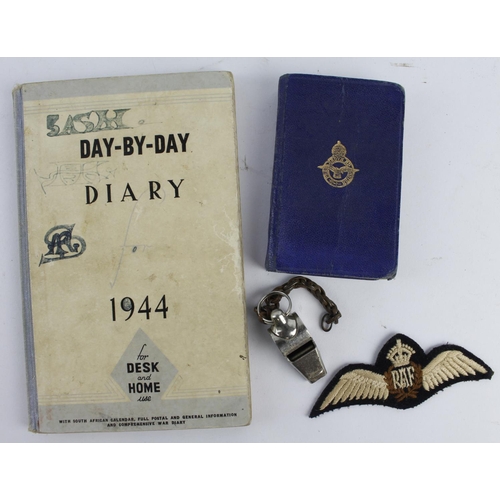 1742 - RAF WW2 original set of pilots wings with RAF AM air crew survival whistle with 1944 diary and bible... 