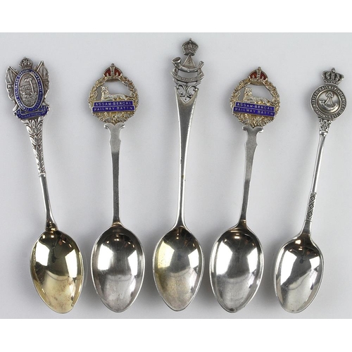 1750 - Regimental silver & enamel spoons (5) comprising 2x Assam Bengal Railway Battn, Bombay Baroda Centra... 