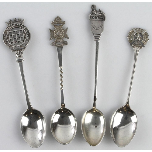 1755 - Regimental silver spoons (4) comprising 96th Regt. of Foot (probably), 1st Surrey Rifles, Lonndon Sc... 