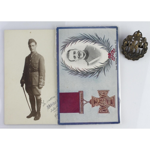 1768 - Royal Flying Corps officers bronze cap badge, an officers postcard, and a Leefe Robinson VC postcard... 