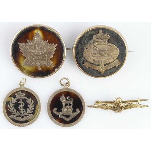 1804 - Sweetheart pin badges / fobs all 9ct Gold - 4x tortoise shell with gold rims '3rd Kings Own Hussars'... 