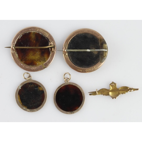 1804 - Sweetheart pin badges / fobs all 9ct Gold - 4x tortoise shell with gold rims '3rd Kings Own Hussars'... 