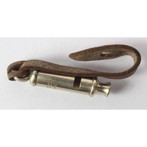 1844 - WW1 1916 dated trench whistle made by J Hudson of Birmingham with leather lanyard.