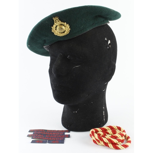 1896 - WW2 / Pre 1953 Royal Marines lovat green beret and badge, 45 Commando cashier tape pair titles and l... 