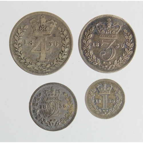 197 - Maundy Set 1836, mixed grade: 4d Fair, 3d slightly bent VF-GVF, 2d EF scratch, and 1d EF