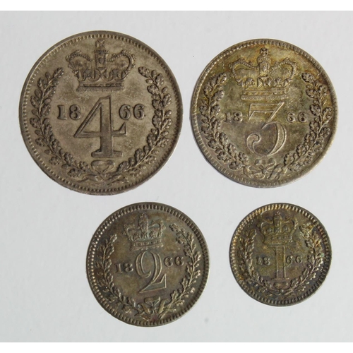 205 - Maundy Set 1866, mixed grade: 4d nEF, 3d aEF, 2d GEF, 1d GEF, some adhesive residue on all coins.