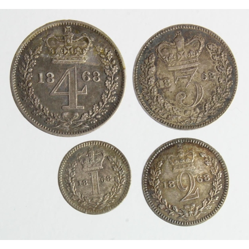 207 - Maundy Set 1868, mixed grade: 4d nEF, 3d GVF, 2d GEF, 1d GEF, some adhesive residue on all coins.