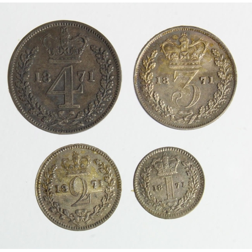 209 - Maundy Set 1871, mixed grade: 4d VF, 3d GEF, 2d EF, 1d GEF, some adhesive residue on all coins.