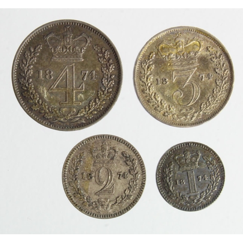 210 - Maundy Set 1874, mixed grade: 4d GEF, 3d EF, 2d nEF, 1d EF, some adhesive residue on all coins.