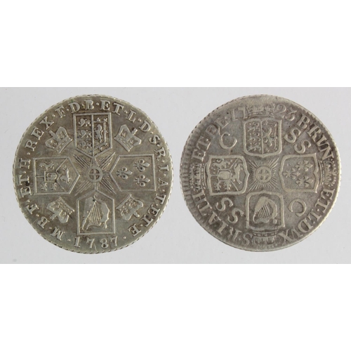 315 - Shillings (2) early milled: 1723 SSC GF, couple of marks, and 1787 no hearts VF