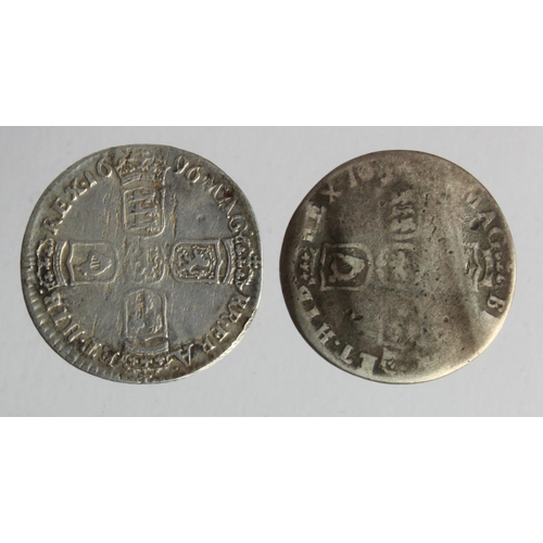 327 - Sixpences (2) William III: 1696 Fine, and another bent as a love token Fair.